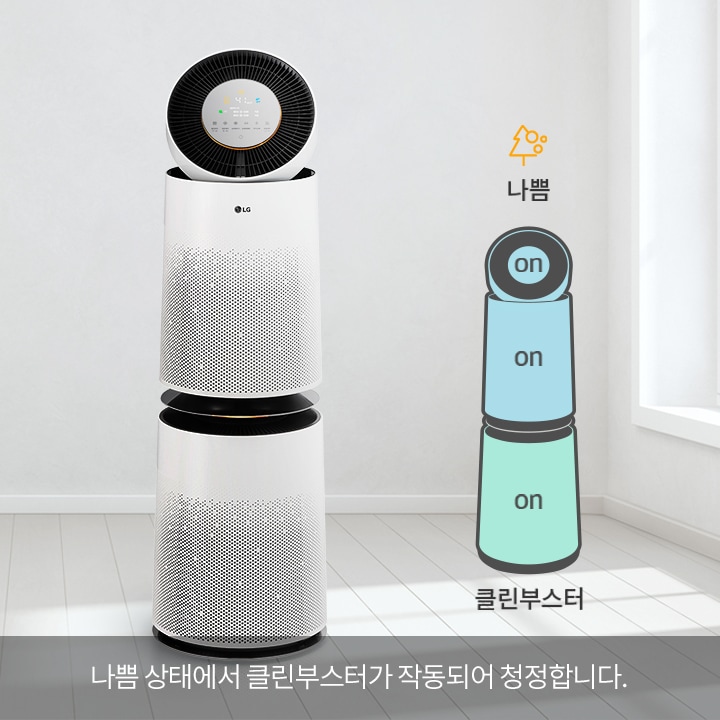 공기청정기가 보입니다. 나쁨 클린부스터 나쁨 상태에서 클린부스터가 작동되어 청정합니다.