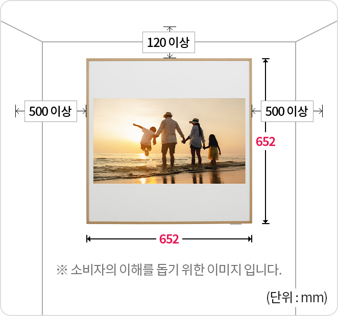 652mm x 652mm 크기로, 벽면에 설치할 때 위쪽 120mm 이상, 좌우 각각 500mm 이상의 공간이 필요함